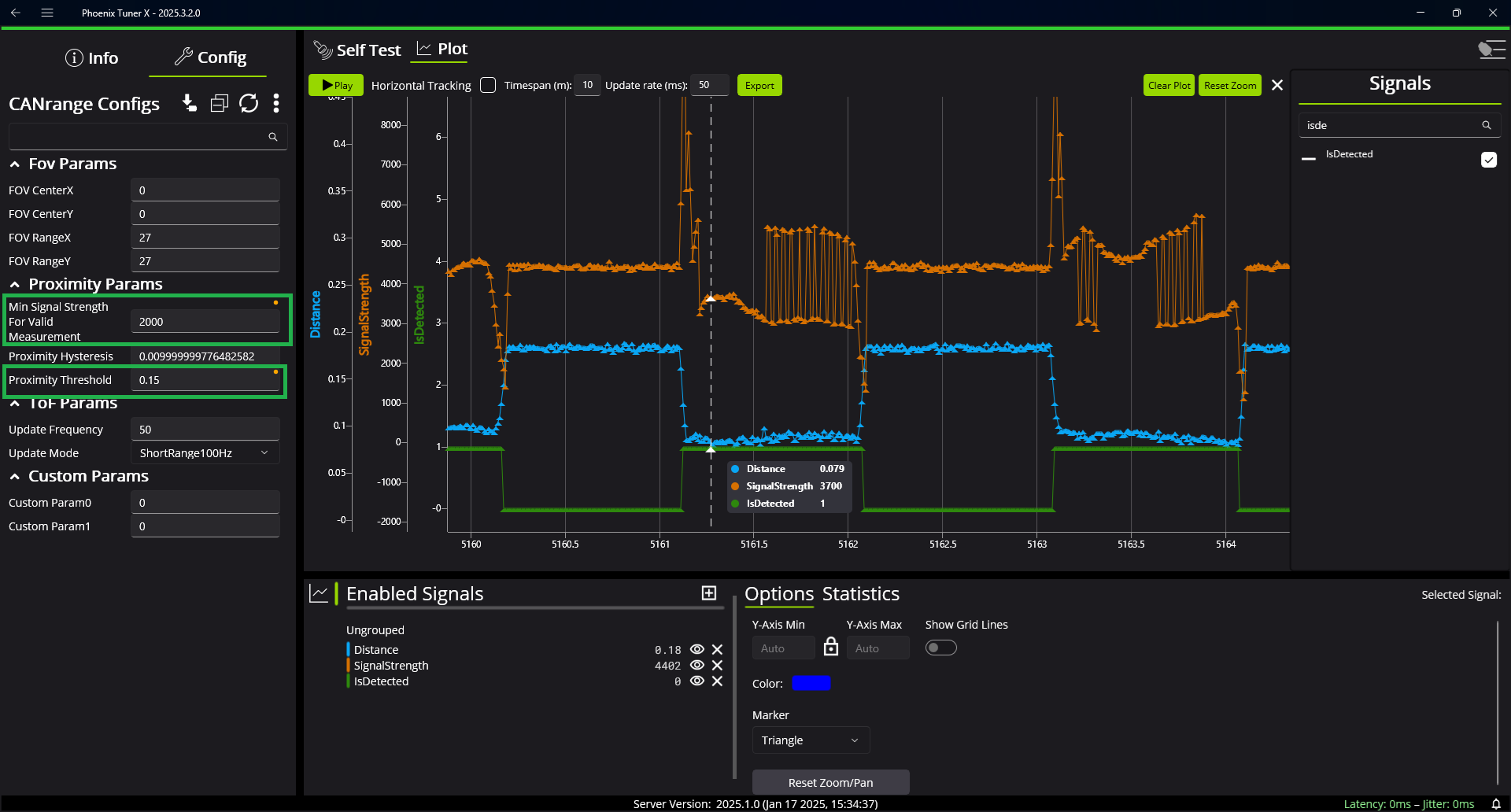 Plot of CANrange distance, signal strength, and IsDetected when object is detected vs pointed at the backing material.