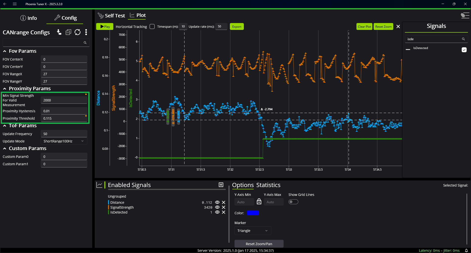 Plot of CANrange distance, signal strength, and IsDetected when detecting an object that requires hysteresis.