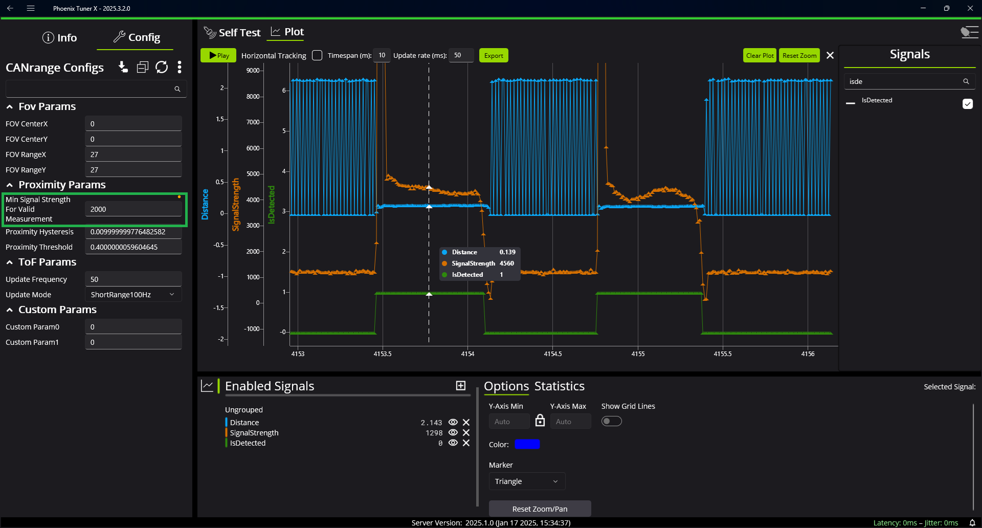 Plot of CANrange distance, signal strength, and IsDetected when object is detected vs open air.