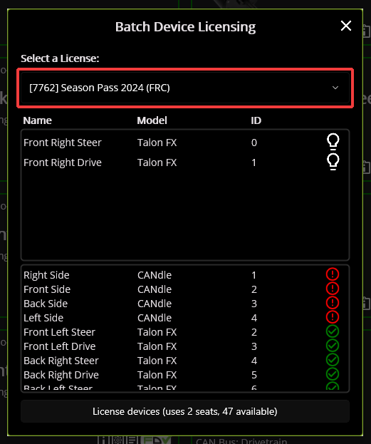 Selecting a device license from the dropdown at the top of the batch license popup.