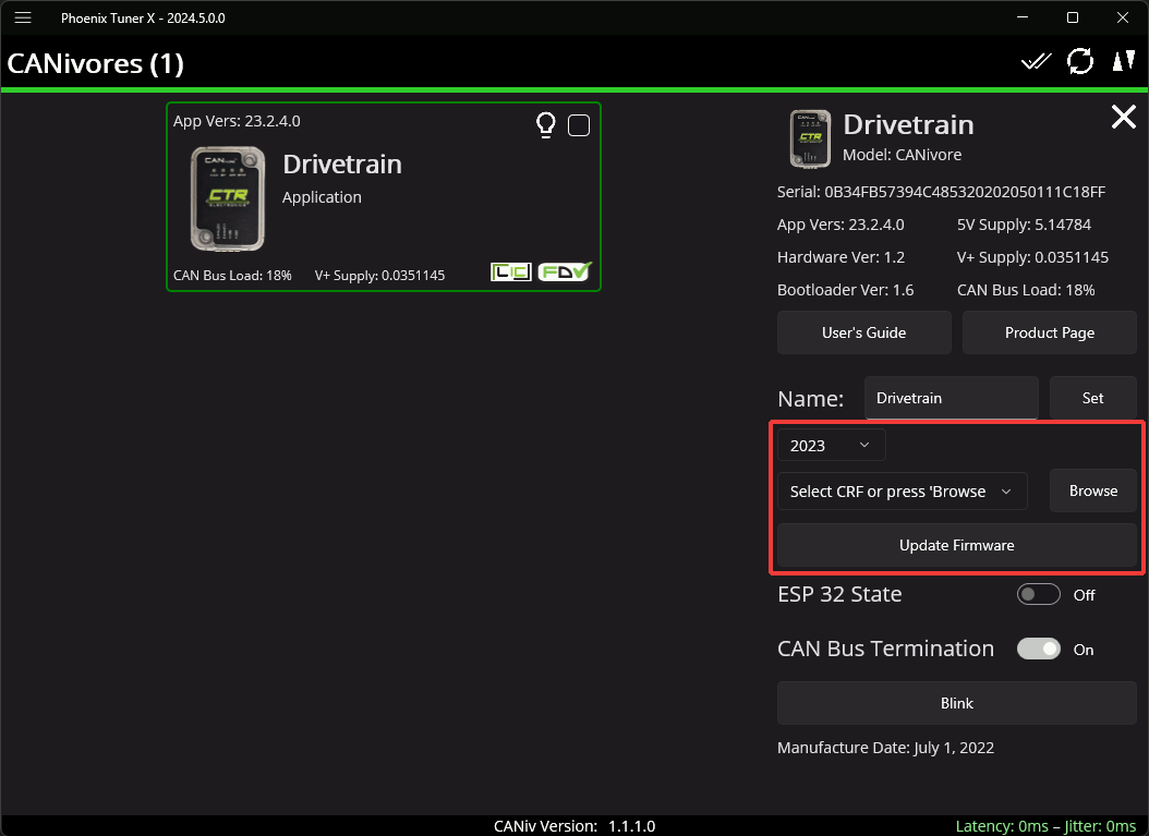 Showcases the CANivore popup and the field upgrade functionality