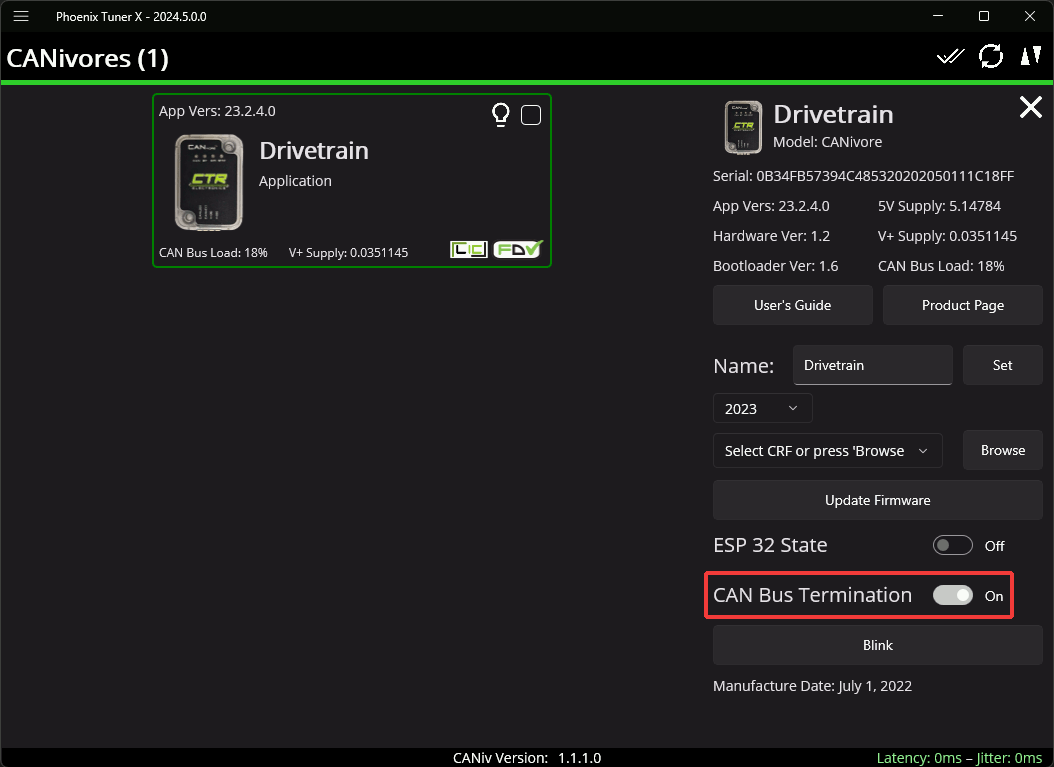CAN bus termination is the second toggle in the CANivore device card