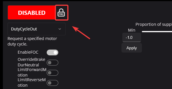 Highlighting the FRC lock icon next to DISABLED