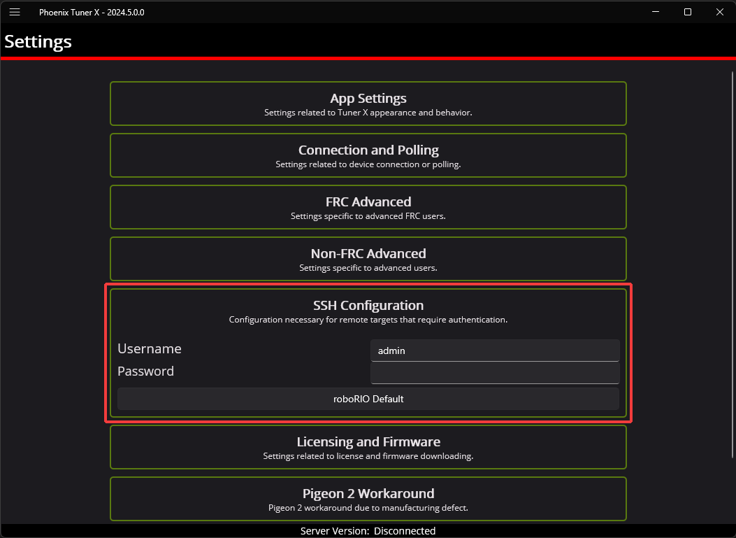 SSH credential username and password is the 3rd and 4th textbox available to the user in settings
