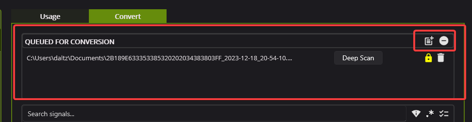 Picture highlighting the conversion queue in Tuner X, and the import or remove all buttons