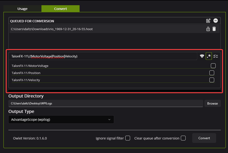 Picture highlighting the signal filters section of the log convert tab