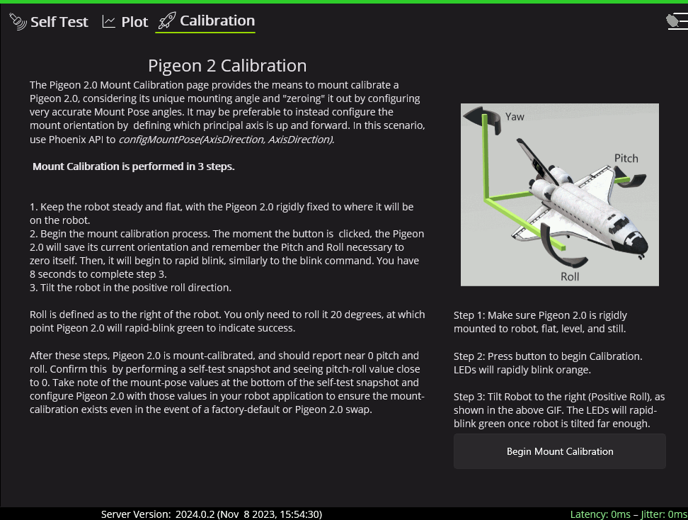Pigeon calibration page, calibration button is located on the right side