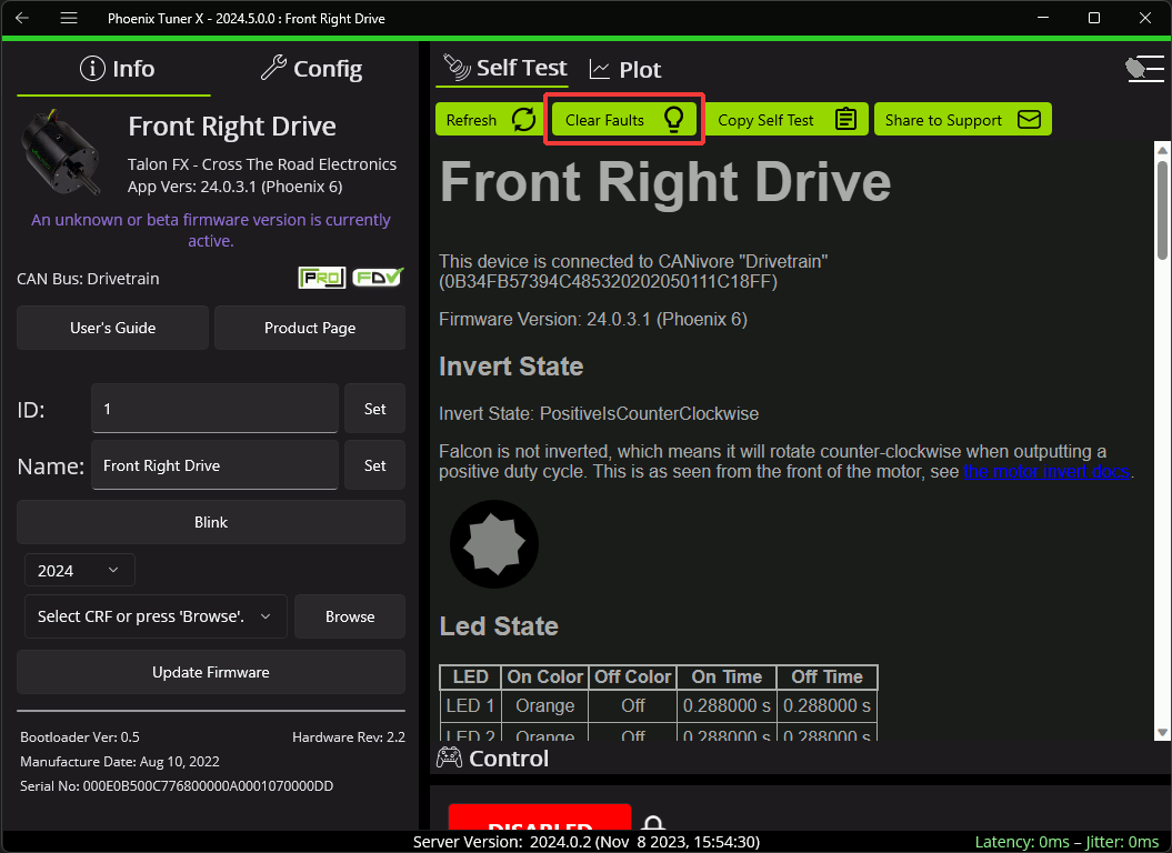 Clear faults button in Tuner located in the top bar.