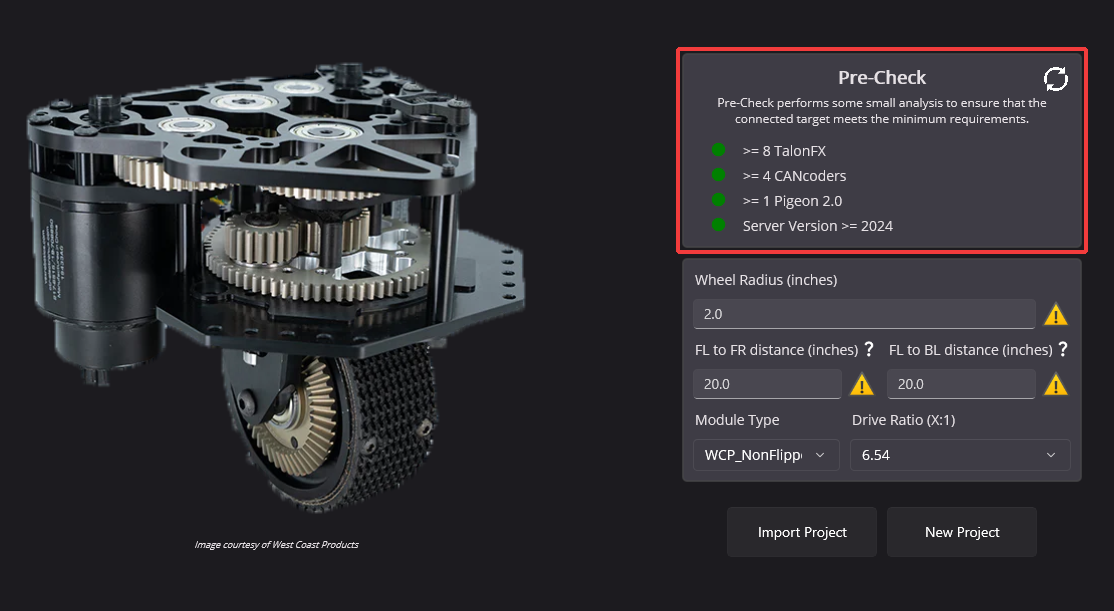 Box surrounding the pre-check section of the swerve creation wizard