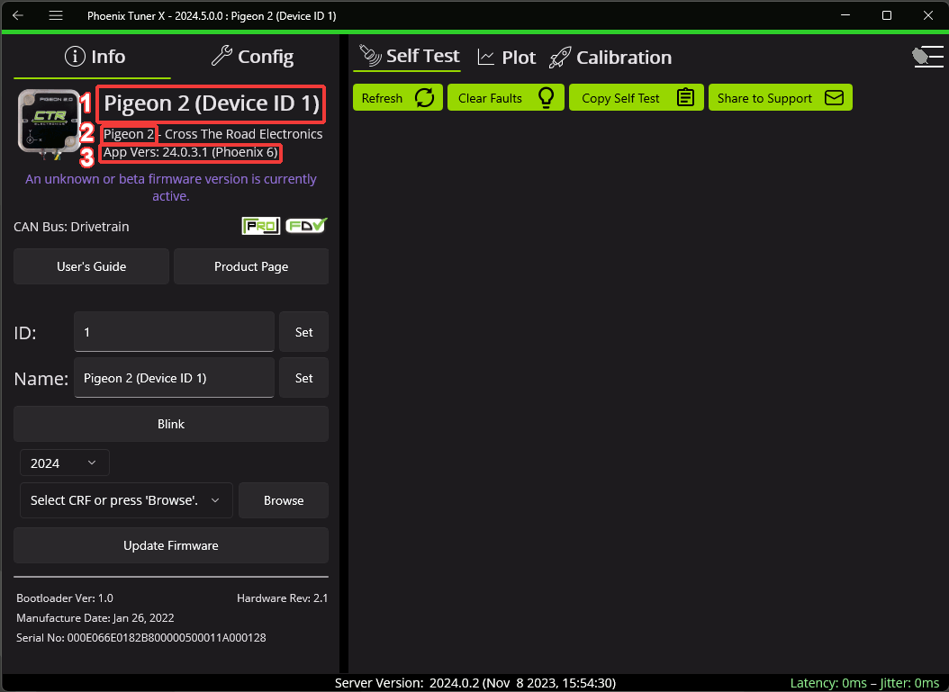 Showcases Device Name, Device Model and firmware version placement.